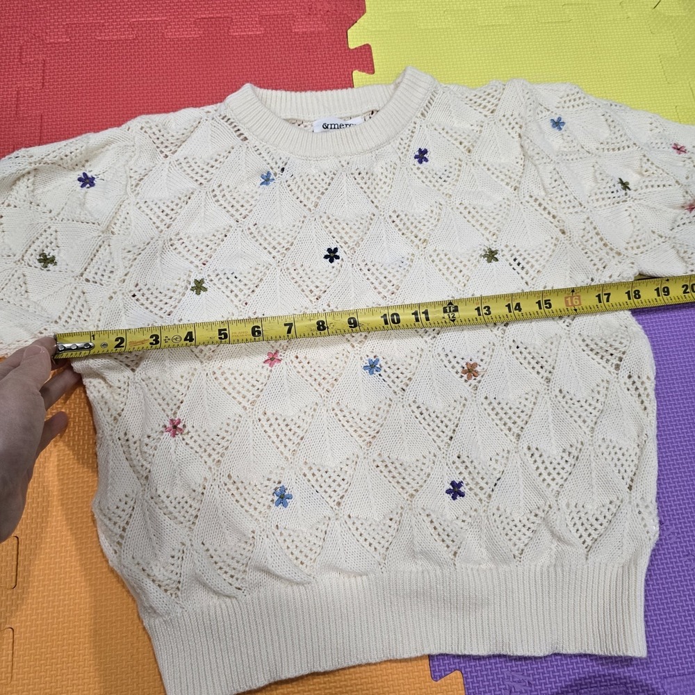 &merci Ivory Pointelle Knit Sweater Large Floral Embroidered Shorth Sleeve Boho